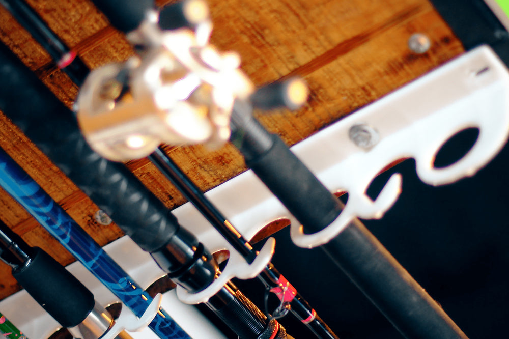 Close-up of a Piranha Rod Rack holding fishing rods
